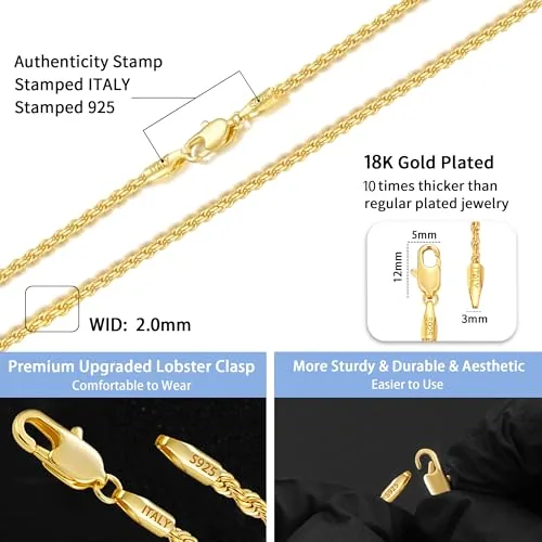 2mm 18K Gold over Sterling Silver Rope Chain 18 in, view 3
