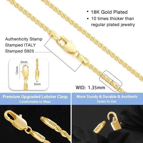 1.35mm 18K Gold over Sterling Silver Rope Chain 24 in, view 3