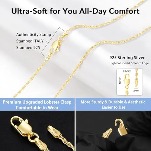 1.5mm 14K Gold over Sterling Silver Rope Chain 20 in, view 3