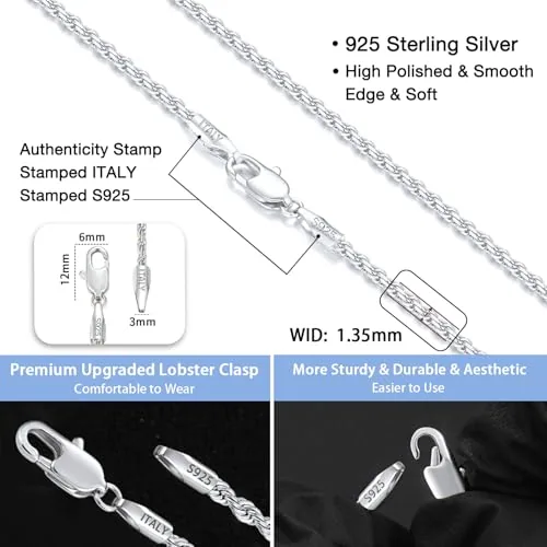1.35mm Sterling Silver Rope Chain 18 in, view 3